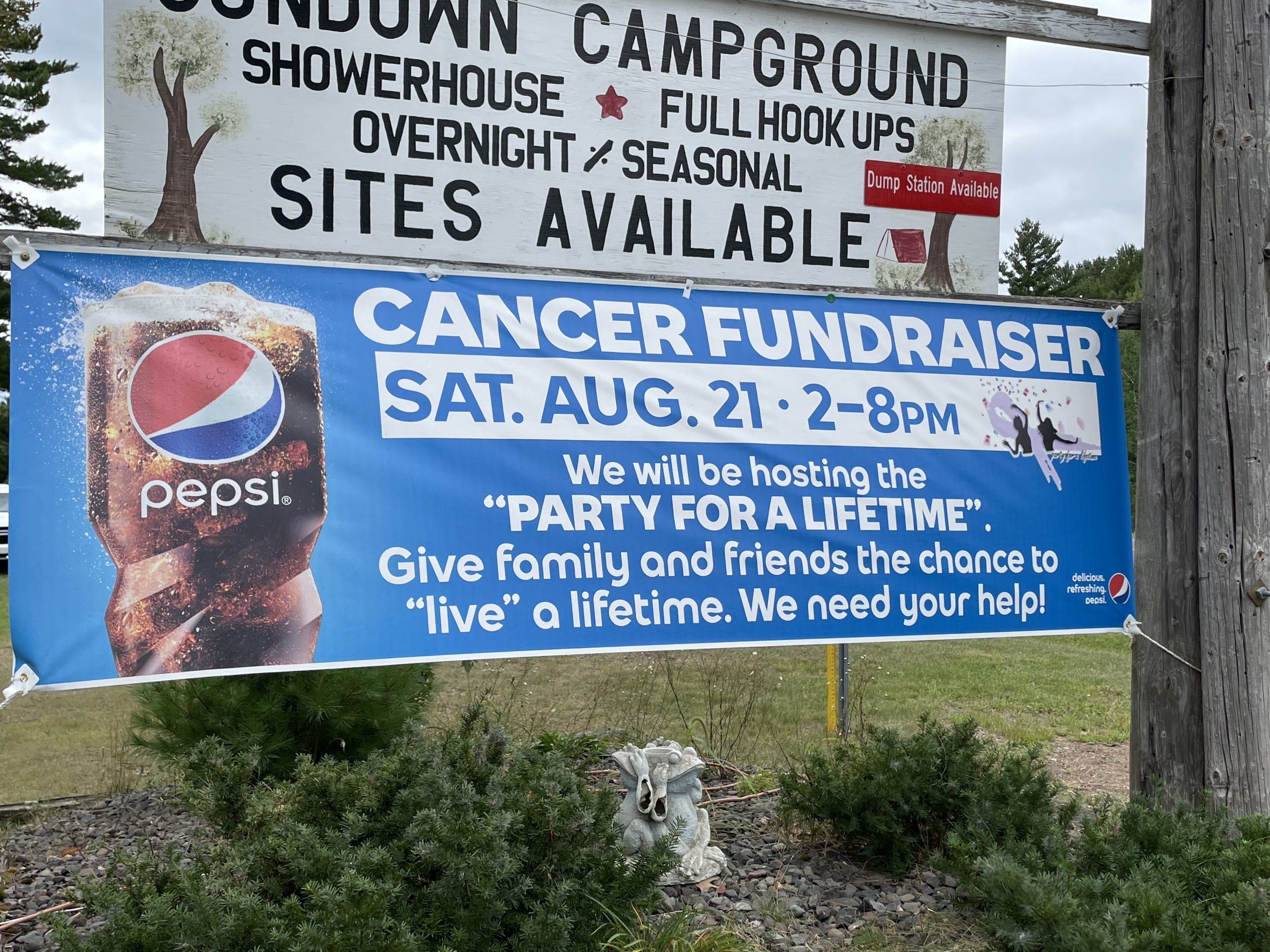 Cancer fundraiser banner for the Party for a Lifetime at Sundown Saloon