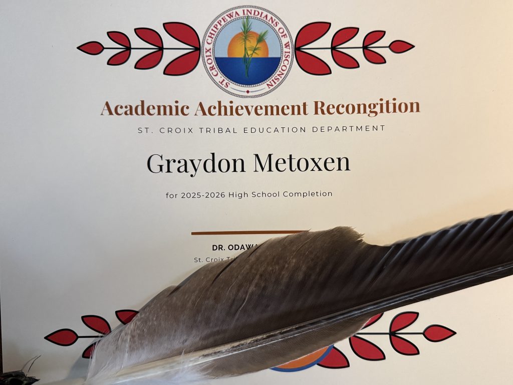 Graduation night certificate for a grad from the St. Croix Tribe.